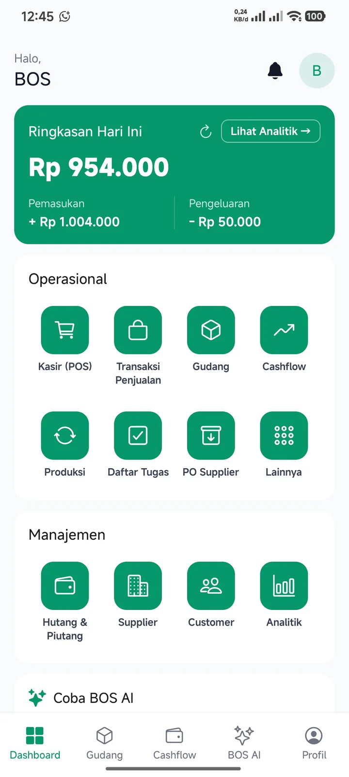 Dashboard — ringkasan penjualan hari ini beserta pintasan ke seluruh modul.