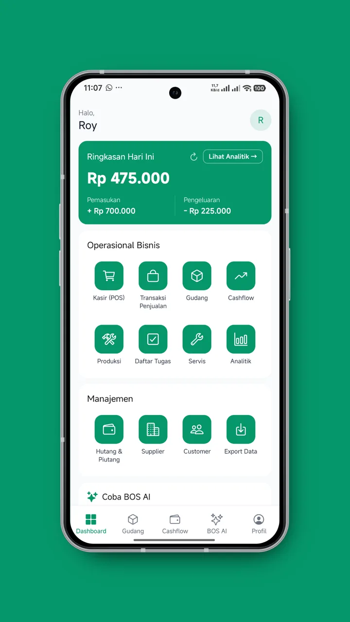 Dashboard — ringkasan hari ini, operasional bisnis, dan manajemen dalam satu layar.