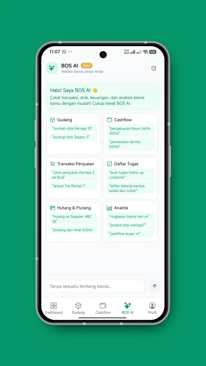 BOS AI — asisten yang menjawab pertanyaan tentang data bisnis Anda.